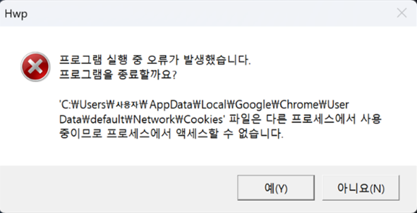 크롬 브라우저 프로세스와의 충돌 오류 메시지 출력 및 한글 실행이 안되는 경우