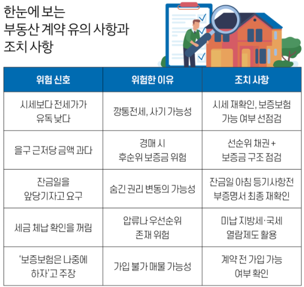 한눈에 보는 부동산 계약 유의사항과 조치사항.
위험신호, 위험한 이유, 조치사항 3가지 항목으로 구성된 표.
1. 시세보다 전세가가 유독 낮다 - 깡통전세·사기 가능성 - 시세 재확인·보증보험 가능 여부 선점검.
2. 을구 근저당 금액 과다 - 경매 시 후순위 보증금 위험 - 선순위 채권·보증금 구조 점검.
3. 잔금일을 앞당기자고 요구 - 숨긴 권리 변동의 가능성 - 잔금일 아침 등기사항전부증명서 최종 재확인.
4. 세금 체납 확인을 꺼림 - 압류나 우선순위 존재 위험 - 미납 지방세·국세 열람제도 활용.
5. 보증보험은 나중에 하자고 주장 - 가입 불가 매물 가능성 - 계약 전 가입 가능 여부 확인.