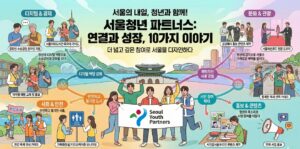 서울의 내일, 청년과 함께! 서울청년 파트너스: 연결과 성장, 10가지 이야기. 더 넓고 깊은 참여로 서울을 디자인하다. Seoul Youth Partners.
디지털 & 경제: 디지털 역량 강화. 중장년 소상공인 온라인 지원. 서울야외도서관 외국어 가이드. 청년의 디지털 역량으로 소상공인과 문화를 잇다. 마약류 예방 교육 및 홍보.
사회 & 안전: 안전하고 활기찬 도시. 안전하고 활기찬 서울. 한강 축제 안내 가이드. 가족화장실/키즈오케이존 모니터링.
문화 & 관광: 매력적인 서울 경험. 공공예식 홍보 콘텐츠 제작. 서울패션로드 현장 도우미. 청년의 감각으로 서울의 다채로운 매력을 알리다. 청계천 역사 산책 가이드.
홍보 & 콘텐츠: 시민 참여 확대. 청년의 목소리로 시정 참여를 이끌다. 시민감사옴부즈만 콘텐츠 제작. 전체 사업 홍보.