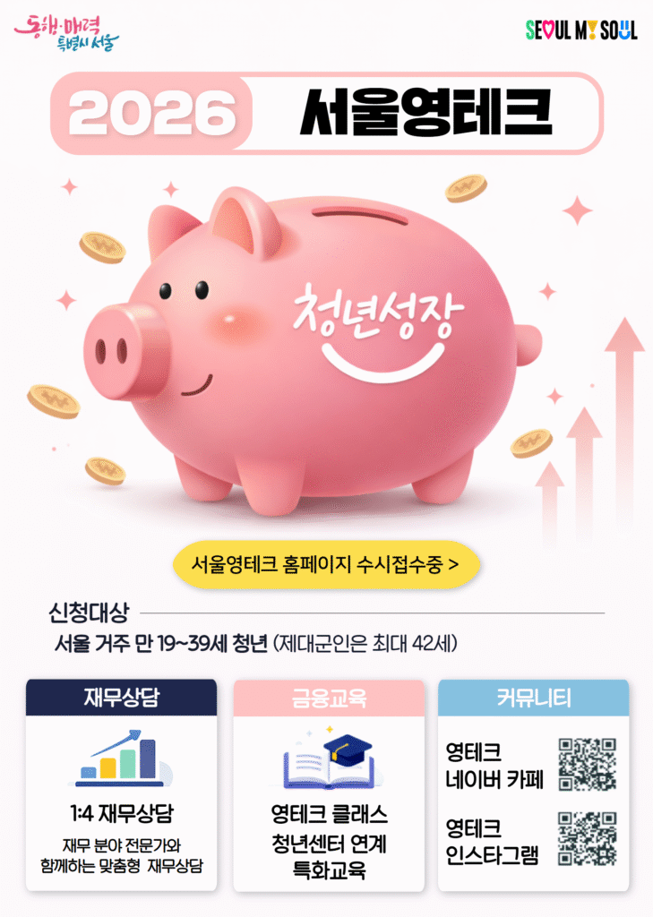 동행·매력 특별시 서울 SEOUL MY SOUL 2026 서울영테크 청년성장 서울영테크 홈페이지 수시접수중 > 신청대상 서울 거주 만 19~39세 청년 (제대군인은 최대 42세) 재무상담 1:4 재무상담 재무 분야 전문가와 함께하는 맞춤형 재무상담 금융교육 영테크 클래스 청년센터 연계 특화교육 커뮤니티 영테크 네이버 카페 QR 코드 : https://m.site.naver.com/17lYn 영테크 인스타그램 QR 코드 : https://m.site.naver.com/17lYq