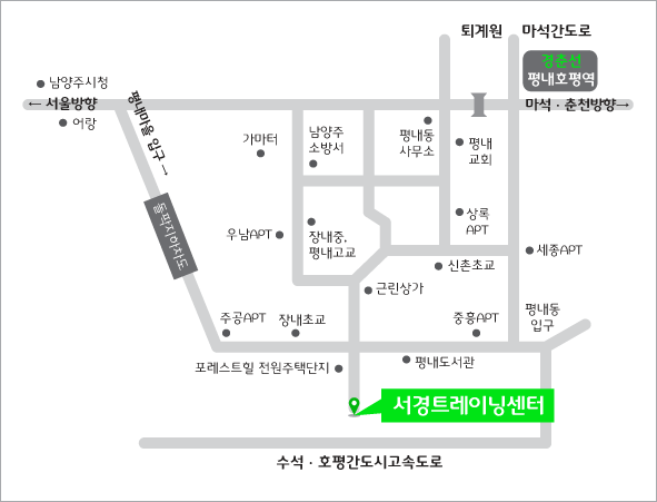 약도- 서울방향으로 오실때는 평내마을 입구를 따라오셔서 포레스트힐 전원주택단지를 등지고 평내도서관 앞 사거리에서 오른쪽으로 진입하시면됩니다. 수석호평간도시고속도로를 타고 오시면 평내IC로 나오신 후 평내도서관까지 직진하시다가 첫번째 사거리에서 왼쪽으로 진입하시면됩니다.