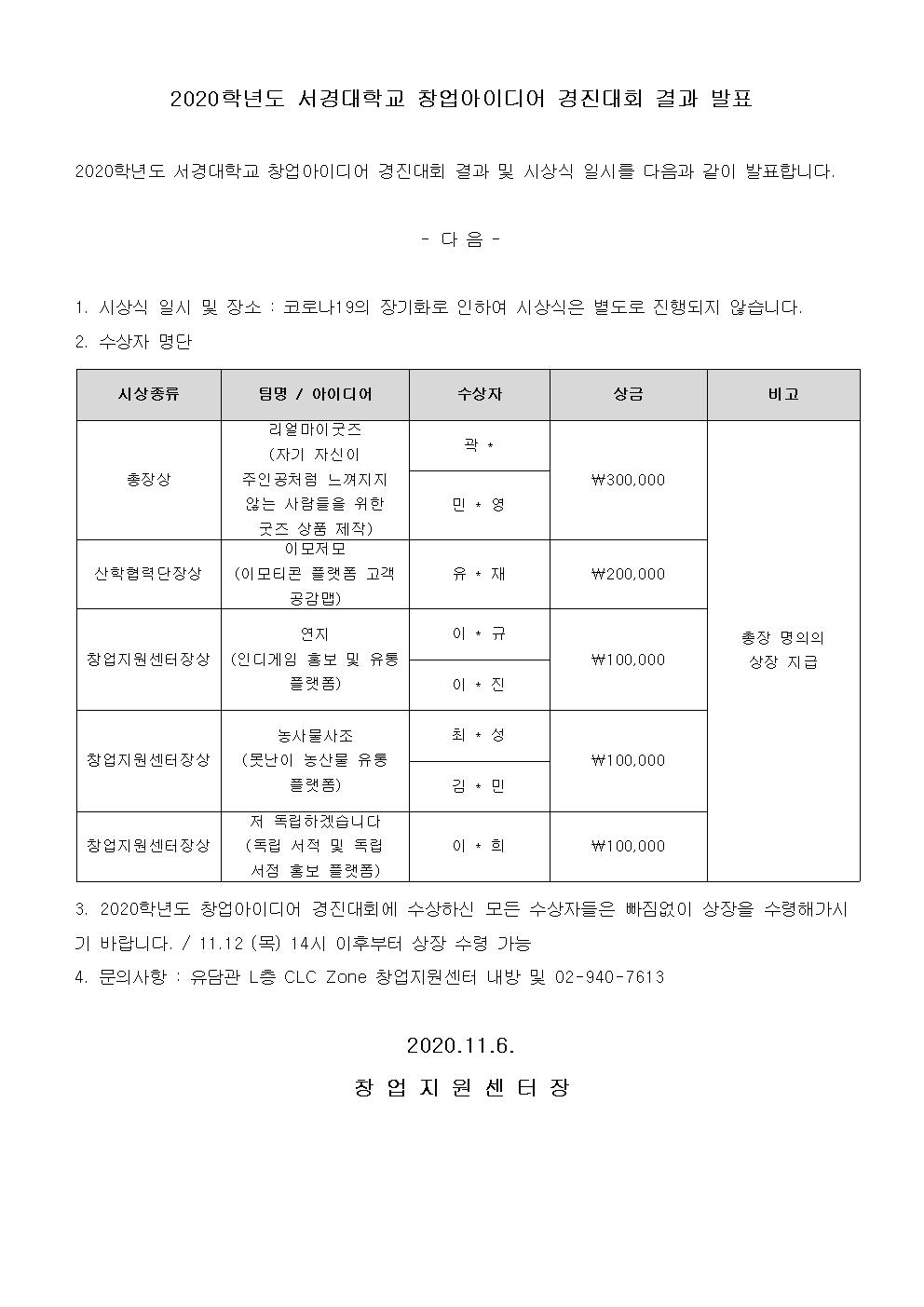 2020학년도 서경대학교 창업아이디어 경진대회 결과 발표001.jpg