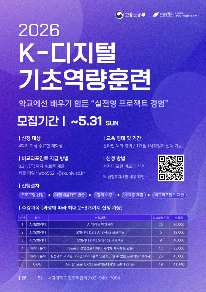 서경대학교 진로취업처 대학일자리플러스본부,  ‘K-디지털 기초역량훈련’ 으로 청년 취업 경쟁력 제고