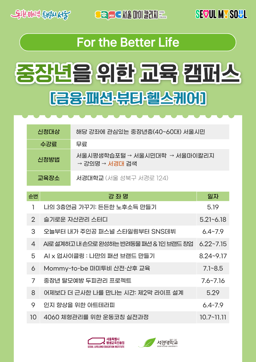 서경대학교, 중장년 미래 설계 지원하는 ‘서울마이칼리지’ 사업 본격 운영